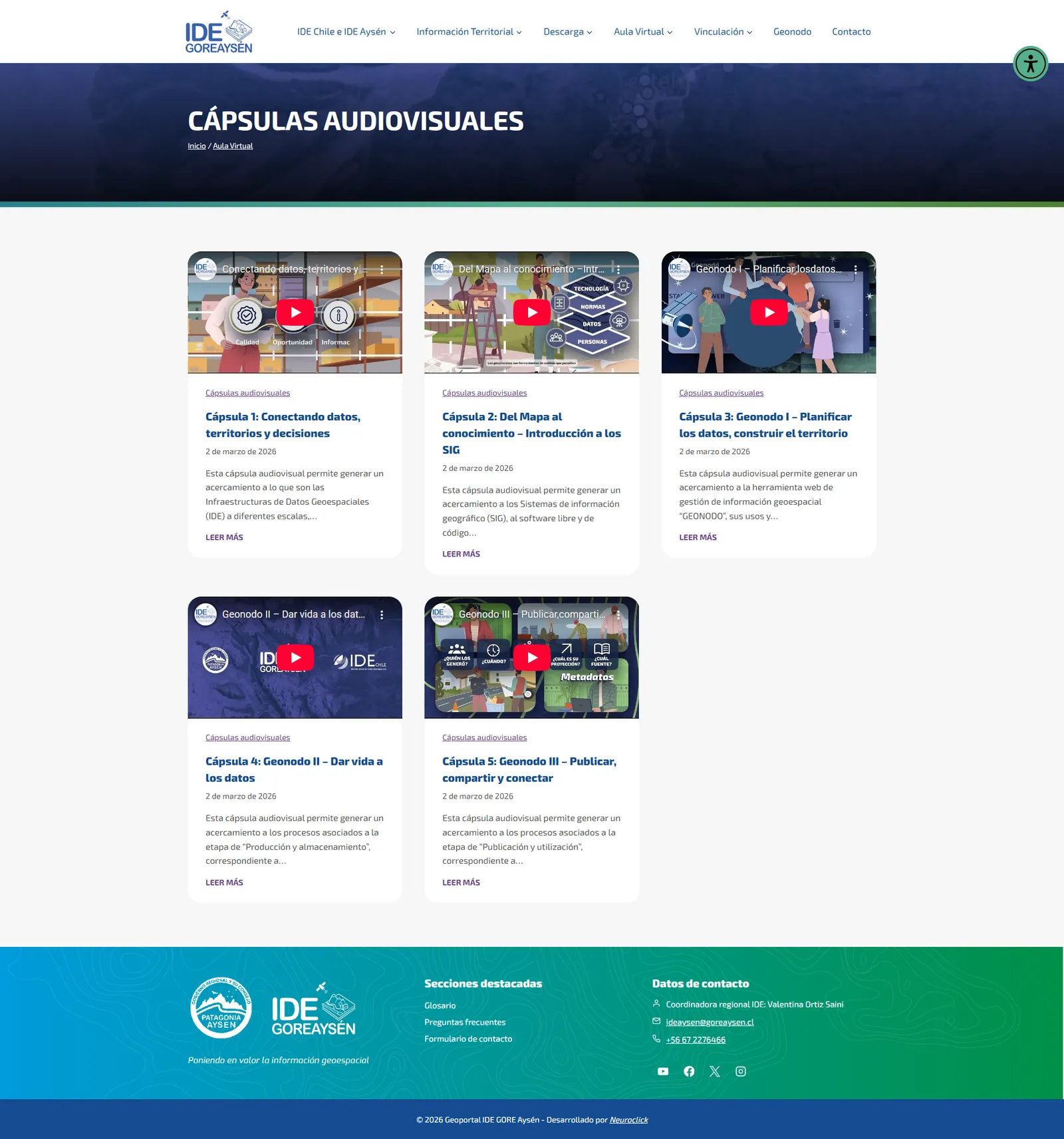 Página de cápsulas audiovisuales del geoportal de Aysén, con las cinco disponibles: conectando datos, territorios y decisiones; del mapa al conocimiento; y las tres dedicadas a Geonodo.