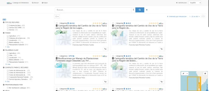 Catálogo de metadatos con las fichas cosechadas desde IDE Minagri —cartografías temáticas de cambio de uso de la tierra por región y bonificaciones para manejo de plantaciones forestales— y el panel lateral de filtros por tipo de recurso, tema, palabras clave e institución.