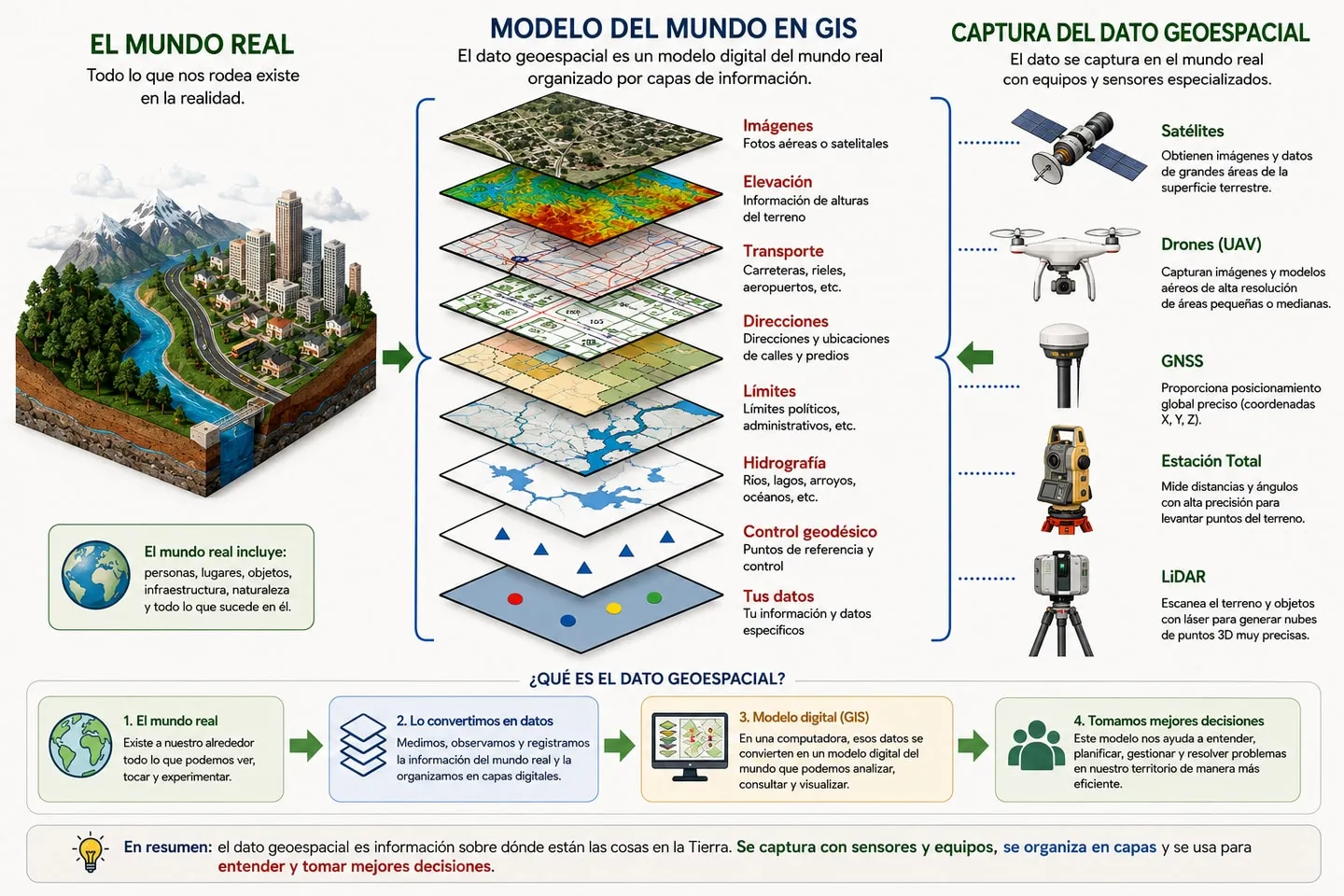 Infografía en tres bloques: el mundo real, representado como una maqueta con montañas, río y ciudad; su modelo digital ordenado en capas —imágenes, elevación, transporte, direcciones, límites, hidrografía, control geodésico y datos propios—; y los equipos con que se captura el dato: satélites, drones, GNSS, estación total y LiDAR.