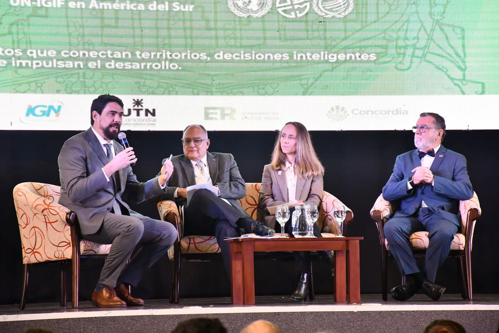 Cuatro panelistas sentados en sillones sobre el escenario del taller UN-IGIF para América del Sur; uno de ellos habla por micrófono.