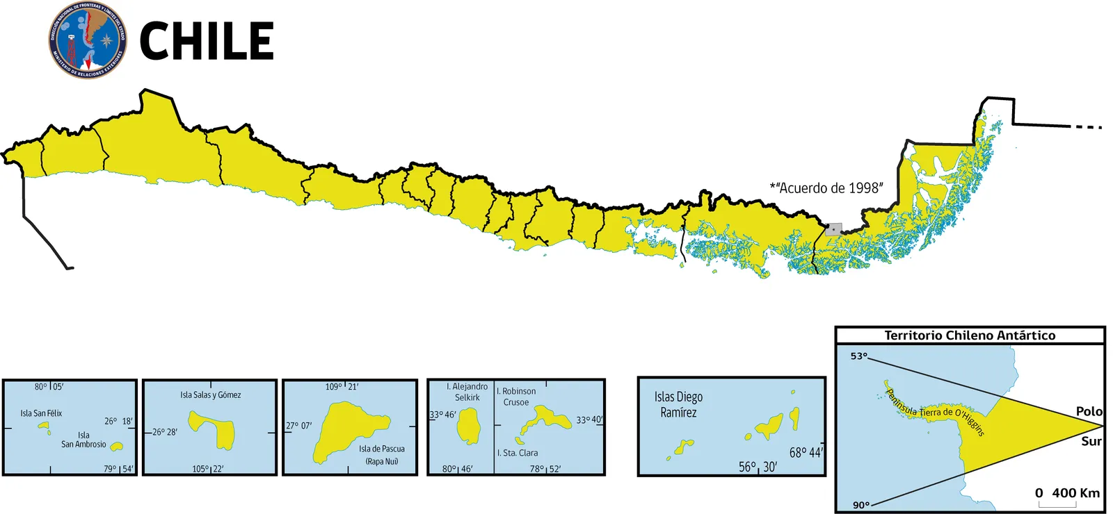 Esquicio de Chile con el territorio continental en amarillo y sus regiones delimitadas, la señalización del «Acuerdo de 1998», los recuadros de las islas esporádicas y Diego Ramírez, y el del Territorio Chileno Antártico.