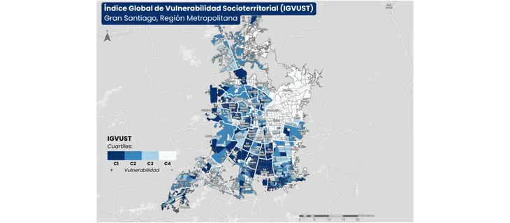 Mapa del Gran Santiago con el IGVUST por unidad territorial, coloreado en cuatro cuartiles de azul oscuro a claro según el nivel de vulnerabilidad.