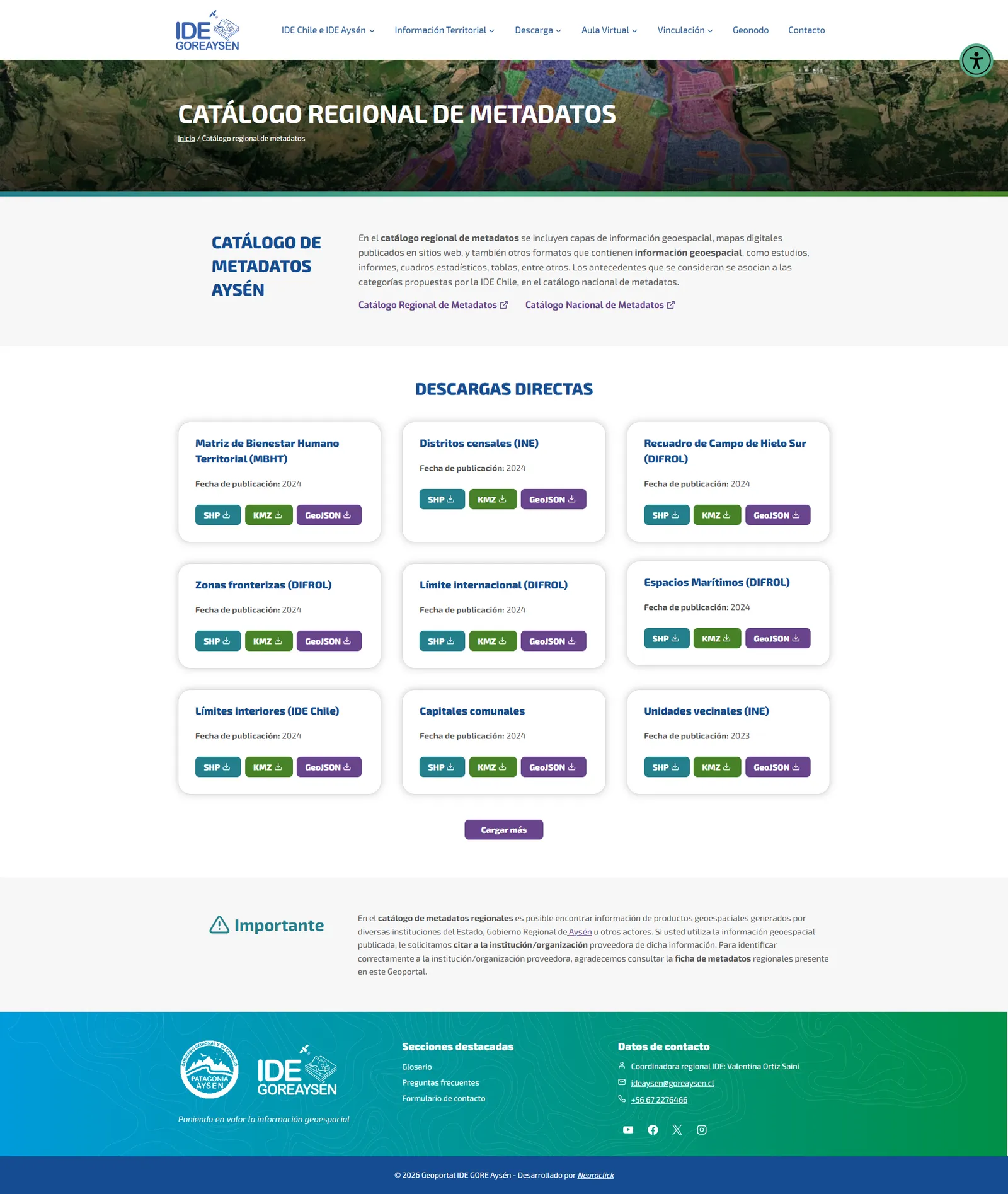 Catálogo regional de metadatos de Aysén, con las descargas directas en formatos SHP, KMZ y GeoJSON de capas como la Matriz de Bienestar Humano Territorial, los distritos censales o el límite internacional.