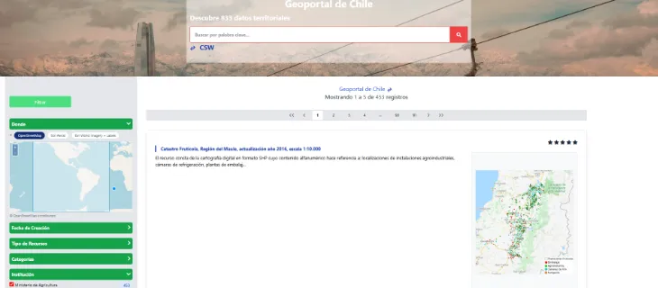 Buscador del Geoportal de Chile mostrando 1 a 5 de 453 registros del Ministerio de Agricultura, con la ficha del catastro frutícola de la Región del Maule y su mapa de distribución.