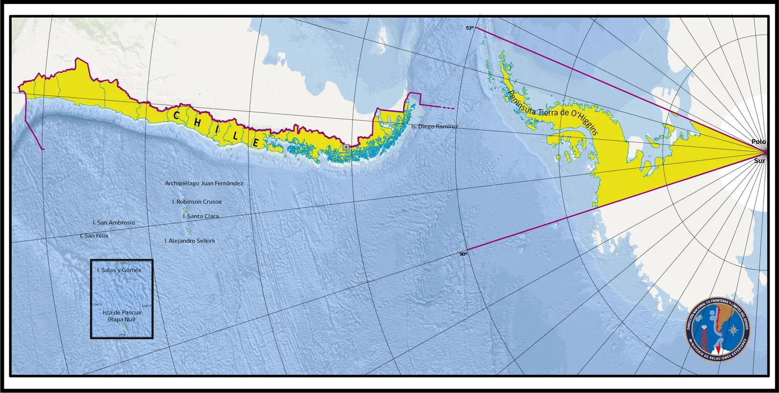 Mapa de Chile con el relieve submarino de fondo, que abarca del territorio continental al Polo Sur e incluye el archipiélago Juan Fernández, las islas esporádicas y la isla de Pascua.