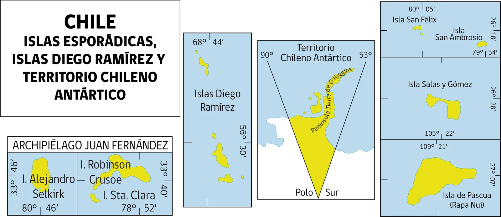 Lámina «Chile: islas esporádicas, islas Diego Ramírez y Territorio Chileno Antártico», con un recuadro por cada grupo insular y sus coordenadas.