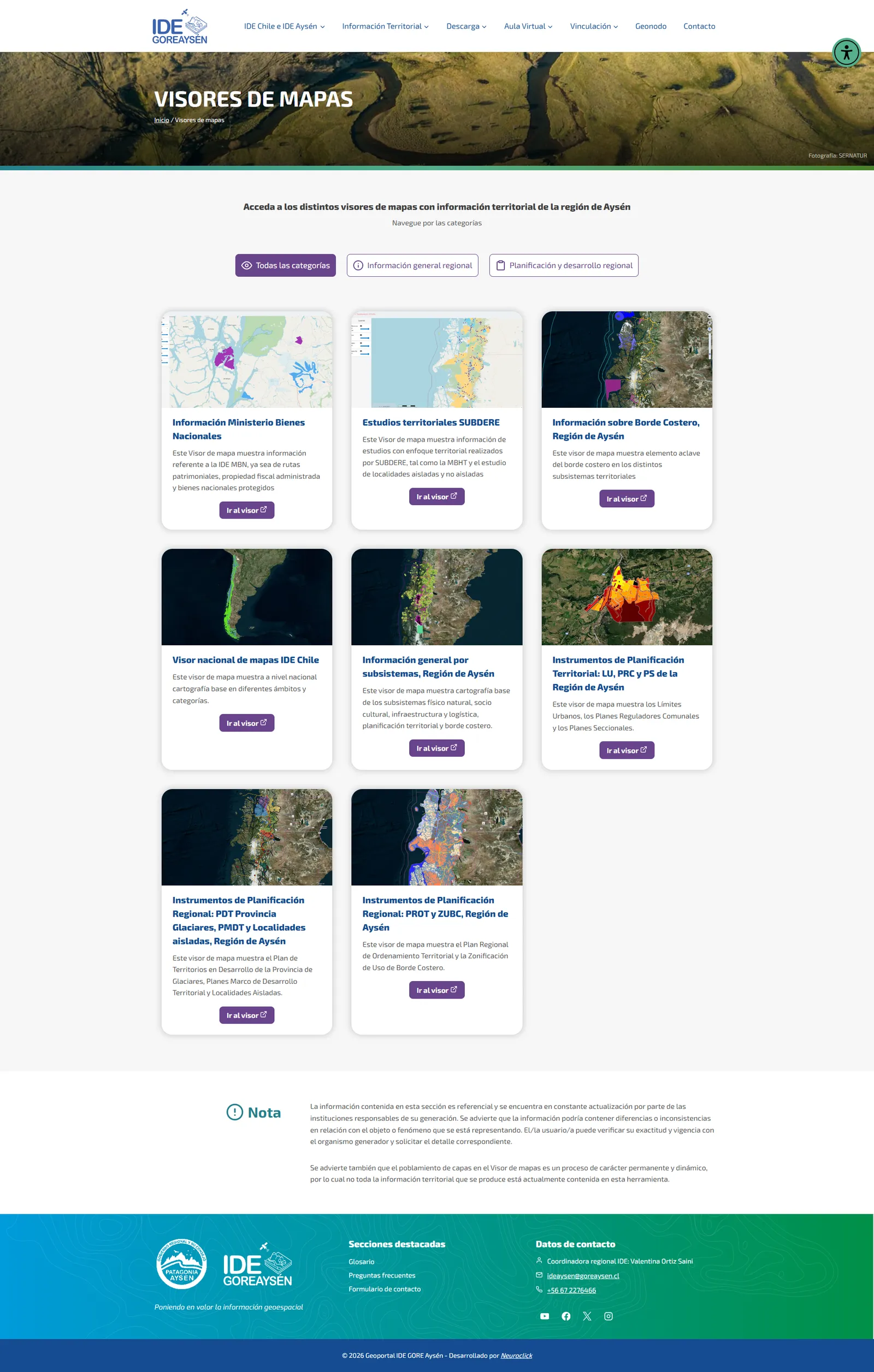 Página de visores de mapas de Aysén, con las ocho fichas disponibles: información del Ministerio de Bienes Nacionales, estudios territoriales de SUBDERE, borde costero, visor nacional de IDE Chile, información por subsistemas y tres de instrumentos de planificación.