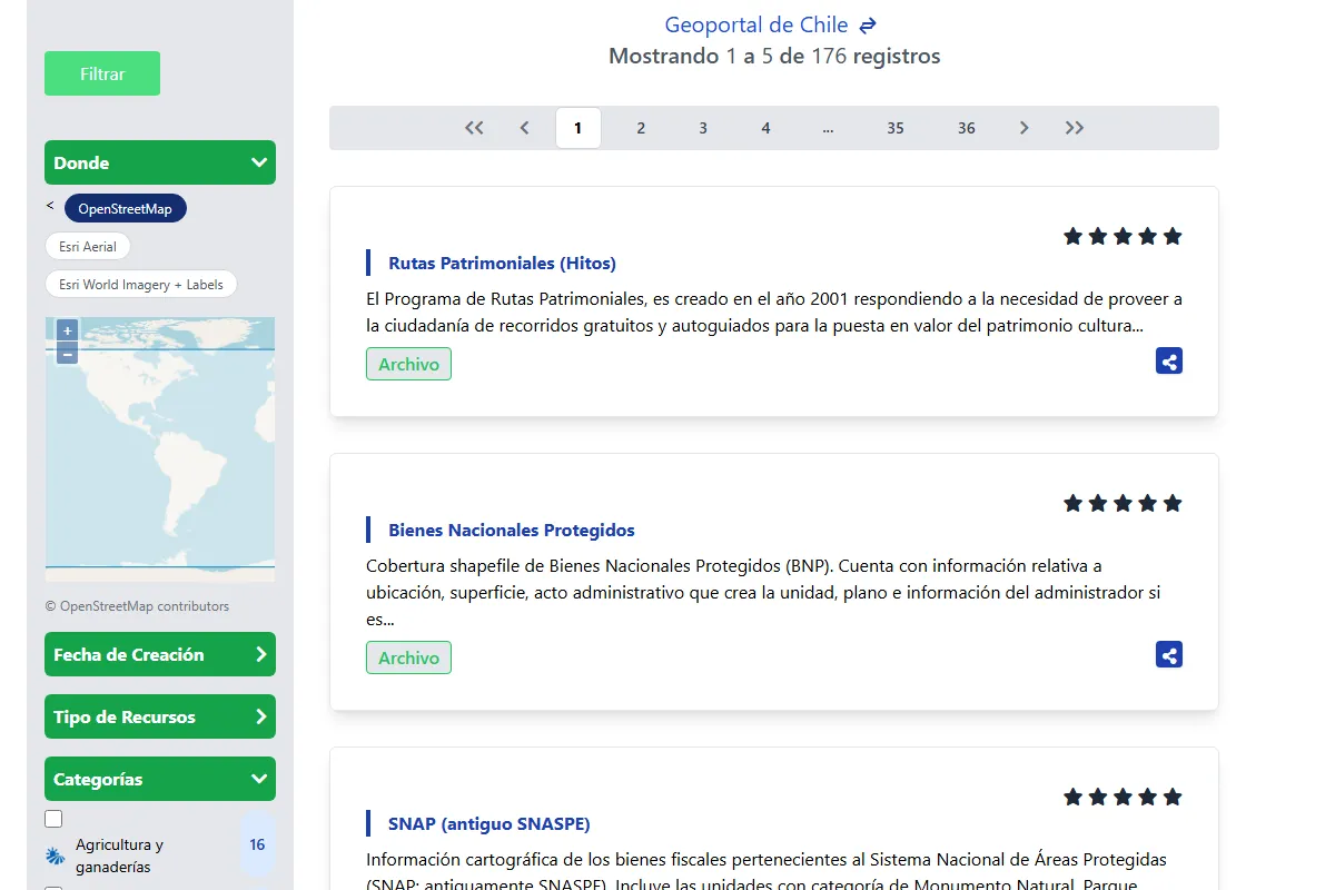 Catálogo de metadatos del Geoportal: el panel de filtros por categoría, tipo de recurso y fecha, junto a una lista de fichas de datos territoriales.